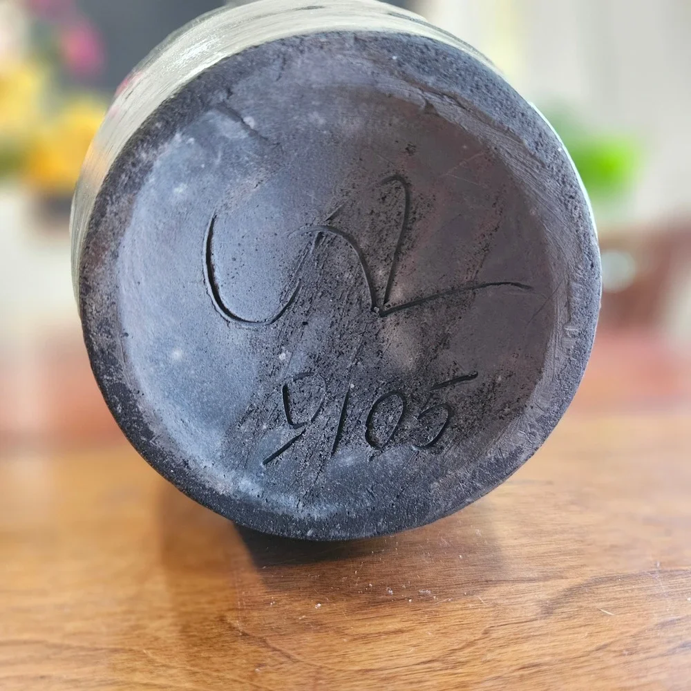 Signed Studio Pottery Bottle Vase Mottled Black Grey Glaze Hand Thrown Ceramic